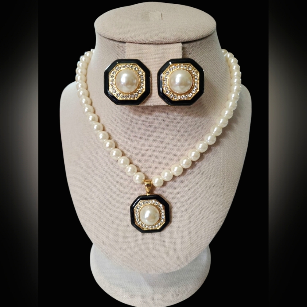 Pearl Necklace Matching Clip On Earrings Pave Crystals Black Enamel Set